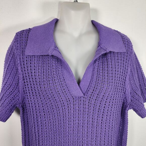 Talbots Women’s Pointelle Stitch Polo Sweater Medium Purple Open Knit Crochet - Picture 3 of 8